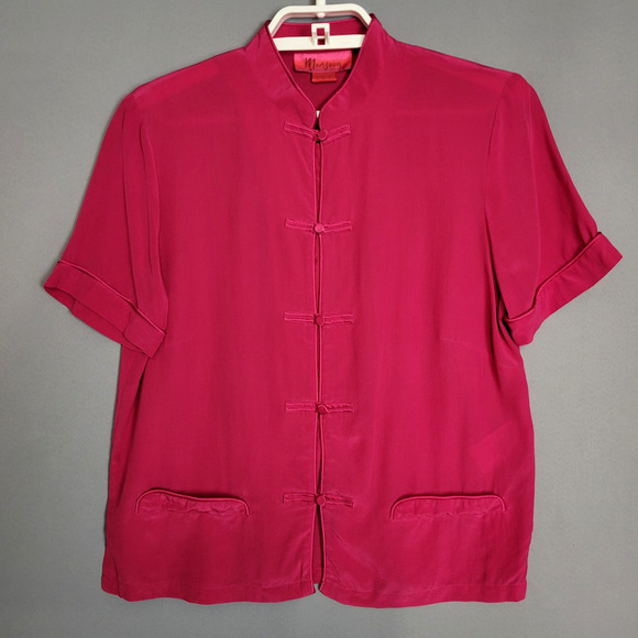 Monsoon 100% Silk Blouse Womens 6 Pink Mandarin Collar Short Sleeve Asian Style - Picture 1 of 13